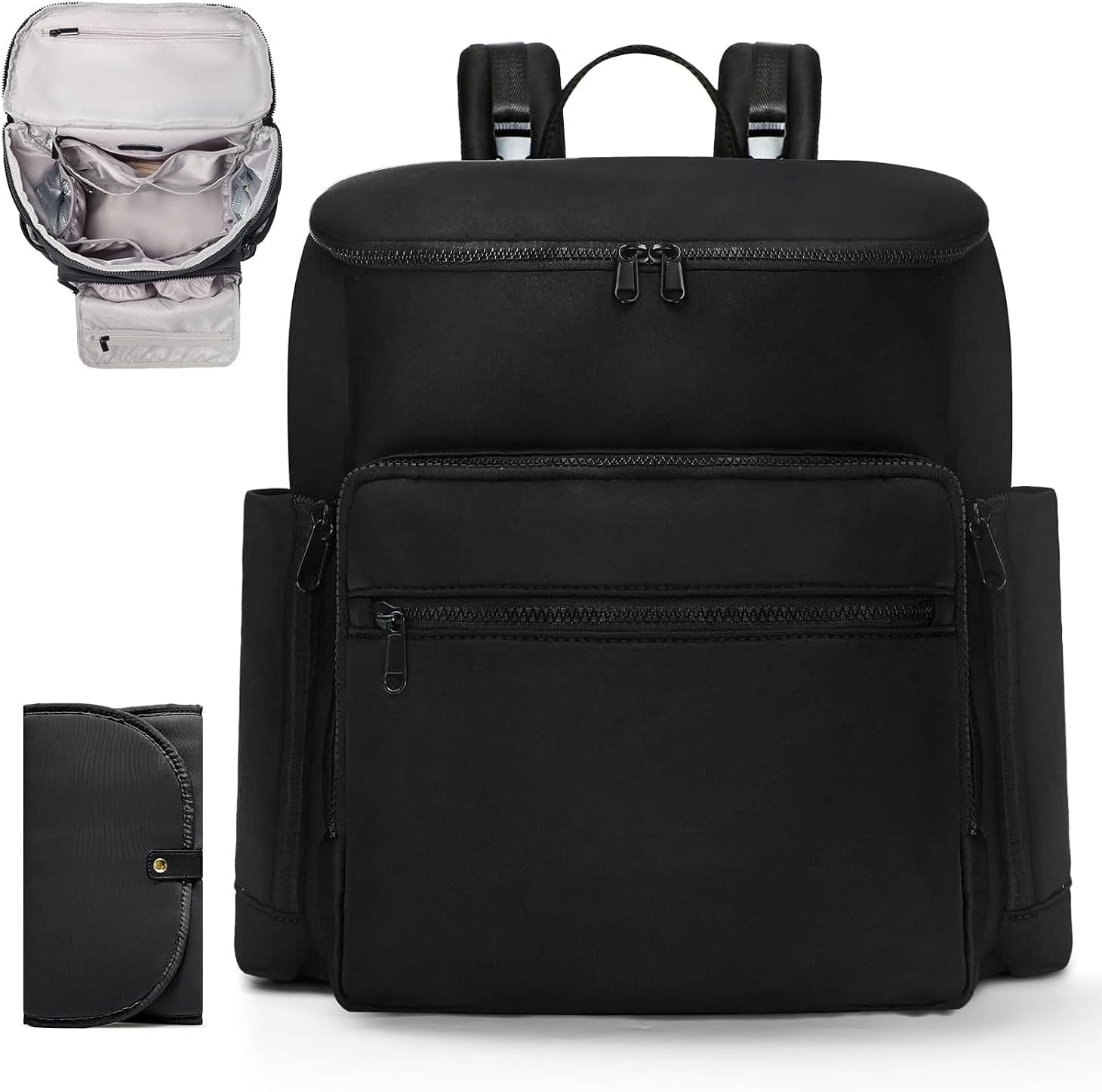 Diaper Bag Backpack, Neoprene Bag Backpack, Large Diaper Backpack with 16 Diaper Bag Organizers, 4 Insulated Pockets, Lighweight Travel Baby Bag with Changing Pad for Mom & Dad, Black