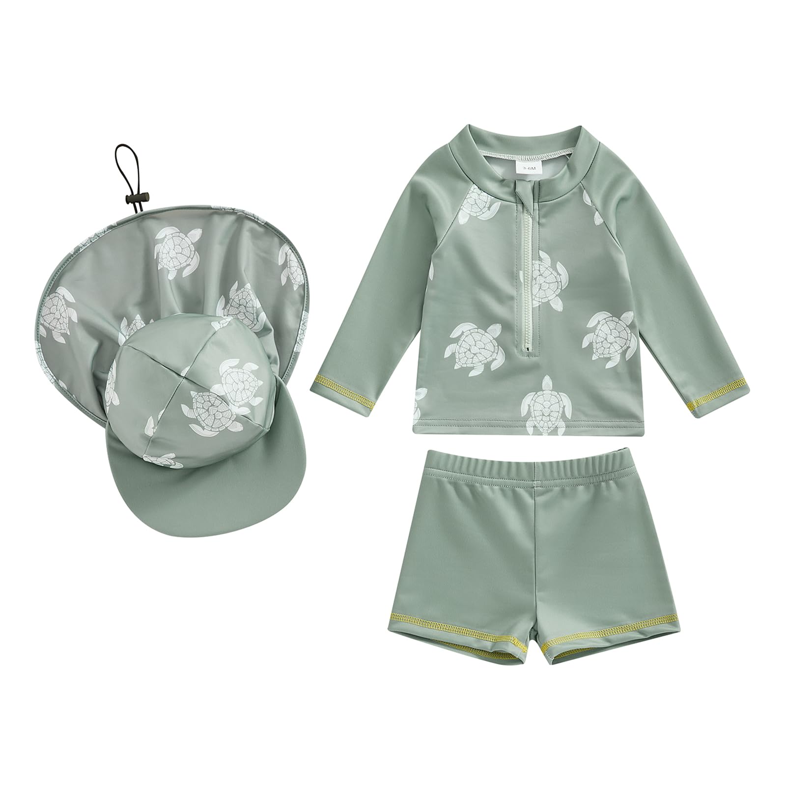 Toddler Baby Boys 3 Pieces Swimsuit Set Swimwear Dinosaur Shark Zipper Bathing Suit UPF 50+ Rash Guards with Hat (Zc Long Sleeve Turtle Green, 12-18 Months)