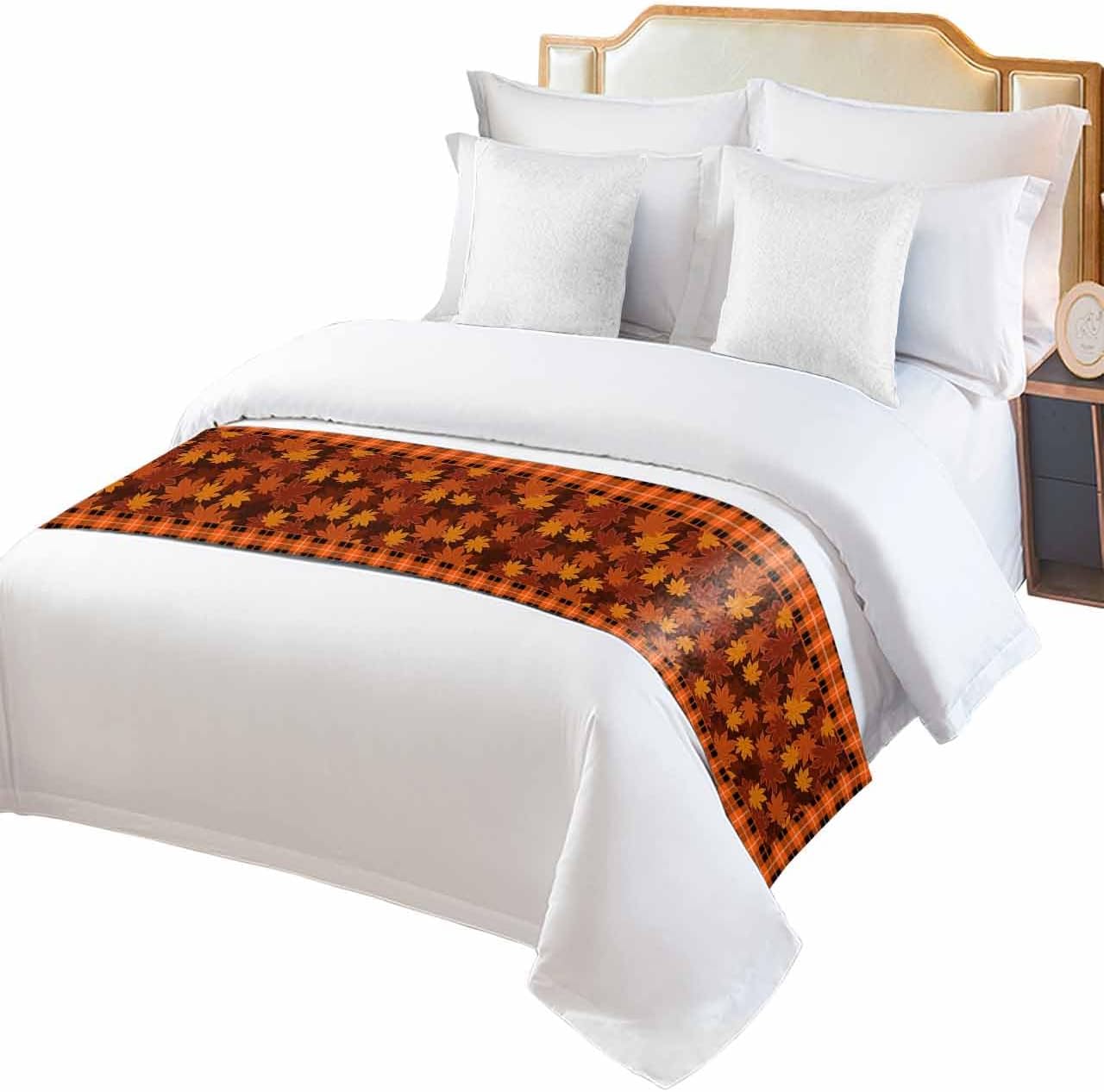 King Bed Runner Autumn Maple Leaf on Orange Buffalo Tartan Bedding Runner Scarves Decorative Bed Scarf, Fall Harvest Soft Bed Runners for Bedroom Hotel Wedding 102x20IN
