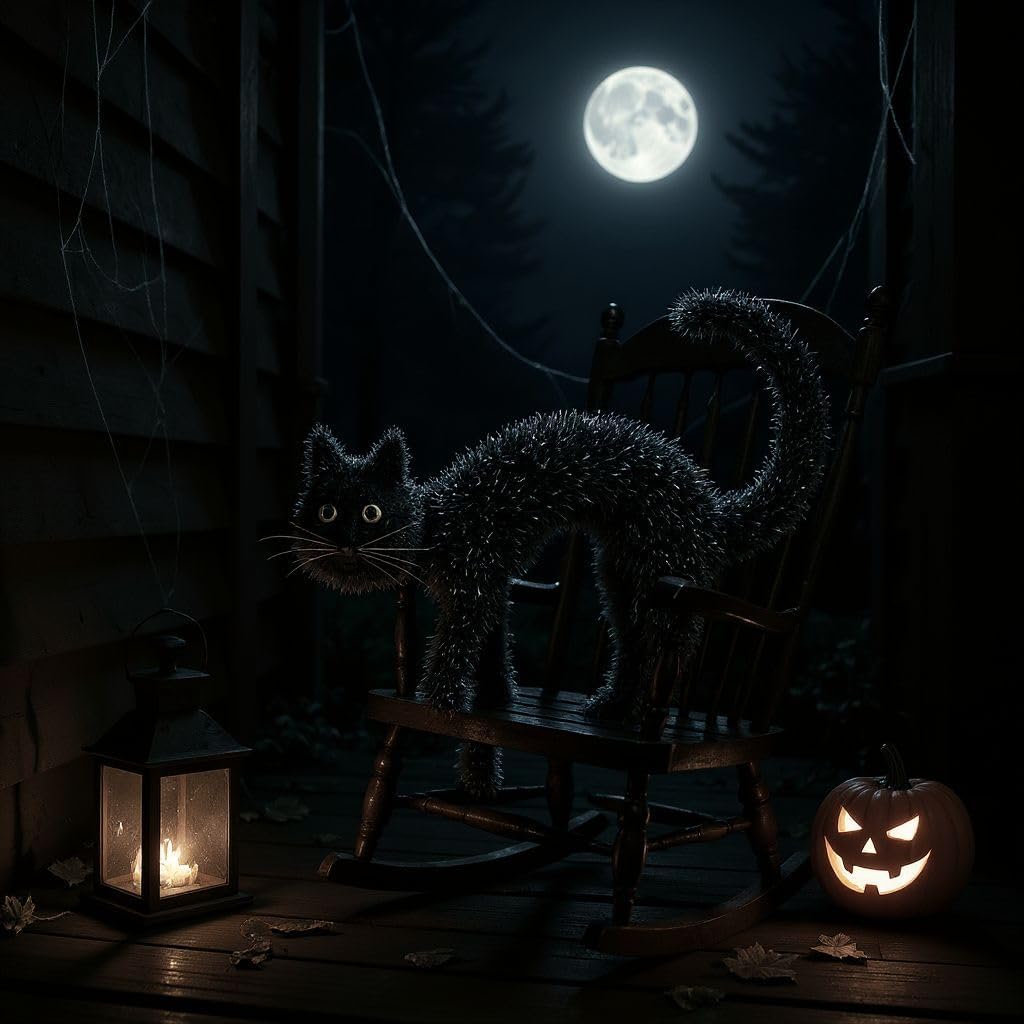 3D Halloween Black Tinsel Cat Decoration, Standing Arched Shape with Yellow Eyes, Indoor Outdoor Holiday Decor, 16x16x6 Inches