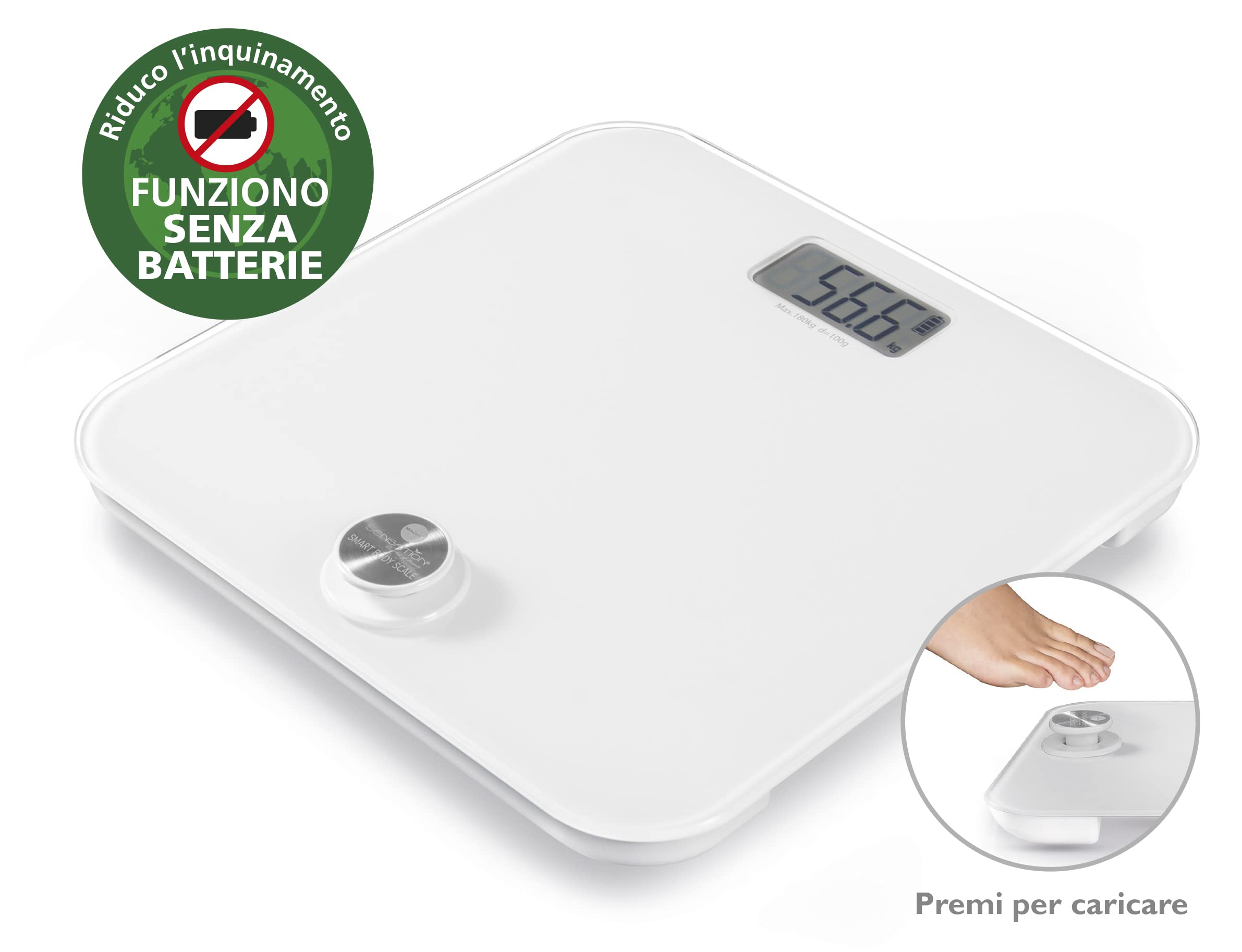 MACOM, Pesapersone Elettronica Senza Batterie ricaricabile manualmente, si ricarica semplicemente premendo il pulsante, divisione 100 gr, peso massimo 180 Kg, Sensation 869 Smart Body Scale