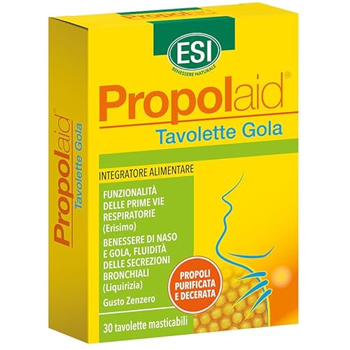ESI, Propolaid Caramelle per la Gola con Propolis, Liquirizia ed Erisimo, Allevia le Infiammazioni del Cavo Orale, Naso e Gola, Senza Glutine, Vegetariane, Gusto Zenzero, 30 Tavolette