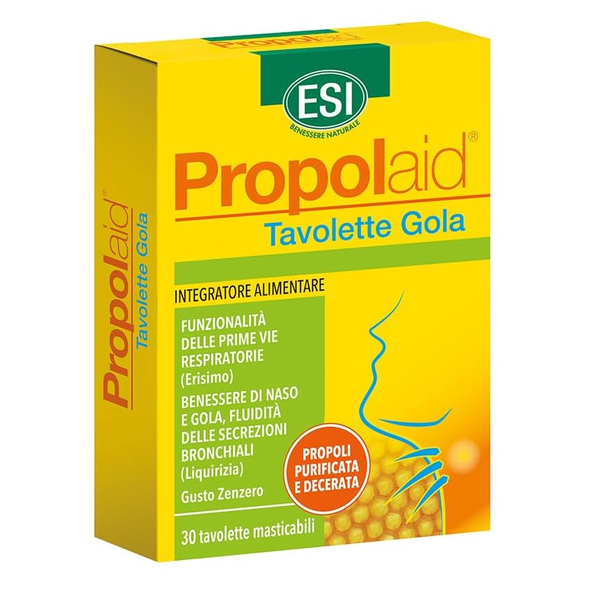 ESI - Propolaid Tavolette Masticabili, Caramelle Gola Gusto Zenzero con Propolis, Allevia le Infiammazioni del Cavo Orale, Contrasta Sintomi da Raffreddamento, Senza Glutine,Vegetariane, 30 Tavolette.