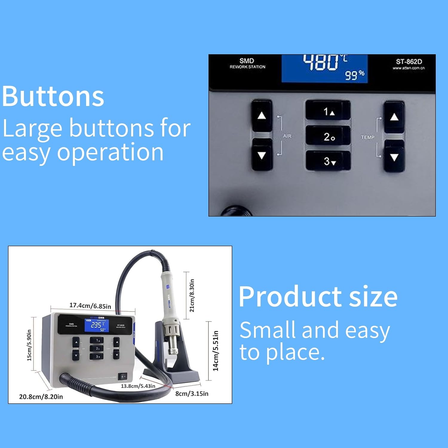 ST-862D Lead-free Hot Air Gun Soldering Station, 1000W Digital Display BGA Rework Station Automatic Sleep Repair Tool for PCB Chip Soldering Repair Desoldering Station