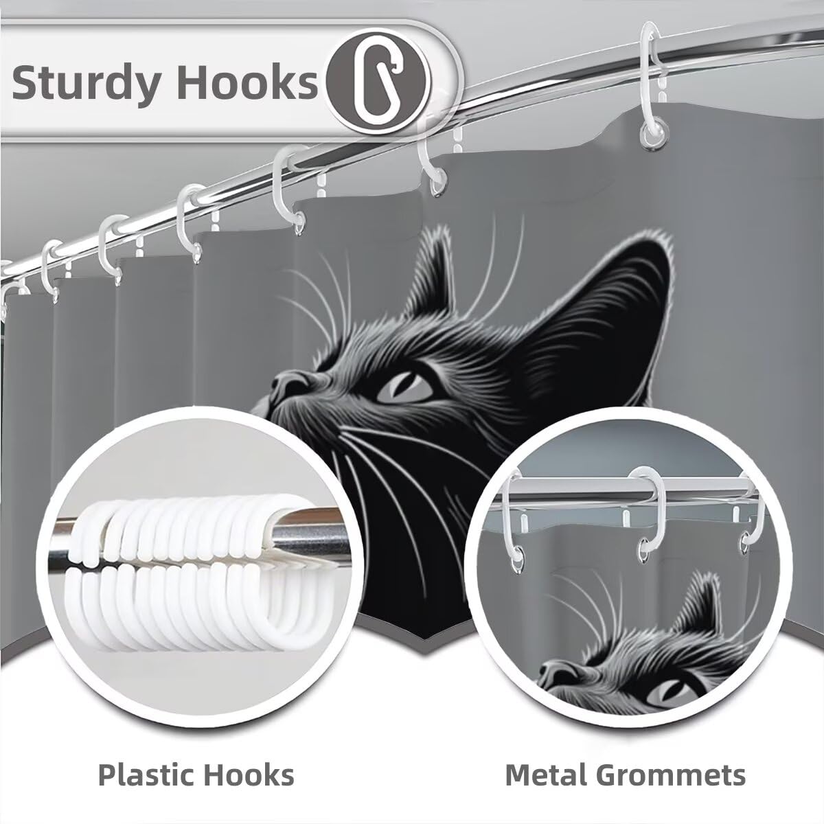Grau Duschvorhang 240x200, Duschrollo mit 12 Duschvorhang Haken, Katze Shower Curtains Beschwerter Saum, Waschbar Polyester Stoff Wasserdicht Extra Lang für Badewanne Badezimmer Deko, Geschenke -4631