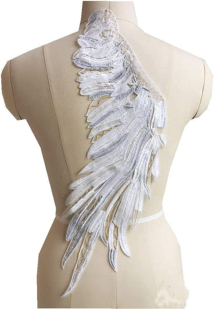 2 PC White Feather Phoenix Tail Cloth Paste Patches Embroidery Lace Applique Sewing Flower Bride Wedding Dress Wings