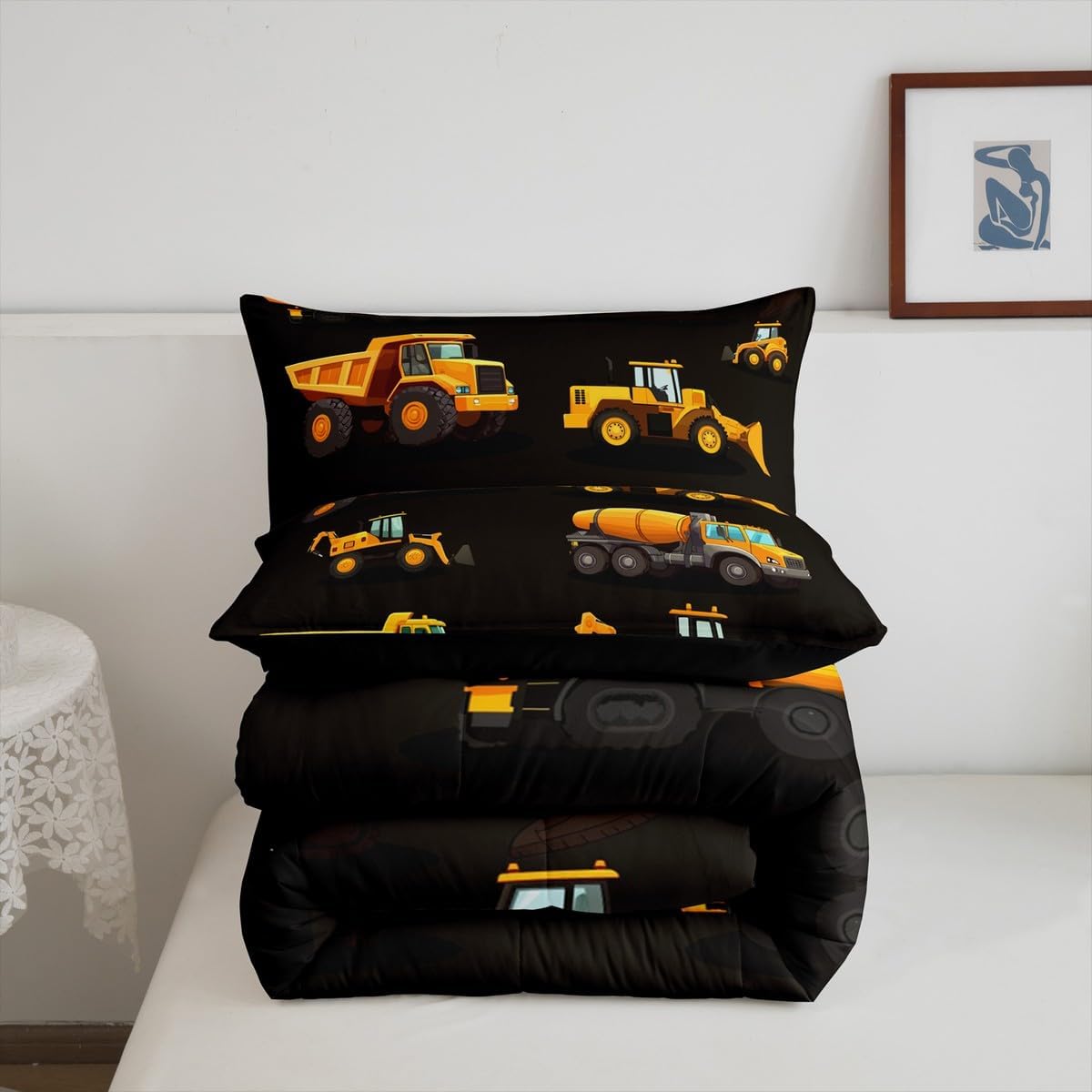 Construction Cars Comforter Set for Kids Boys Girls, Nursery Children Cartoon Excavator Quilt Set, Tractor Truck Crane Down Comforter Soft Winter Bedding, Queen Size, Black Orange