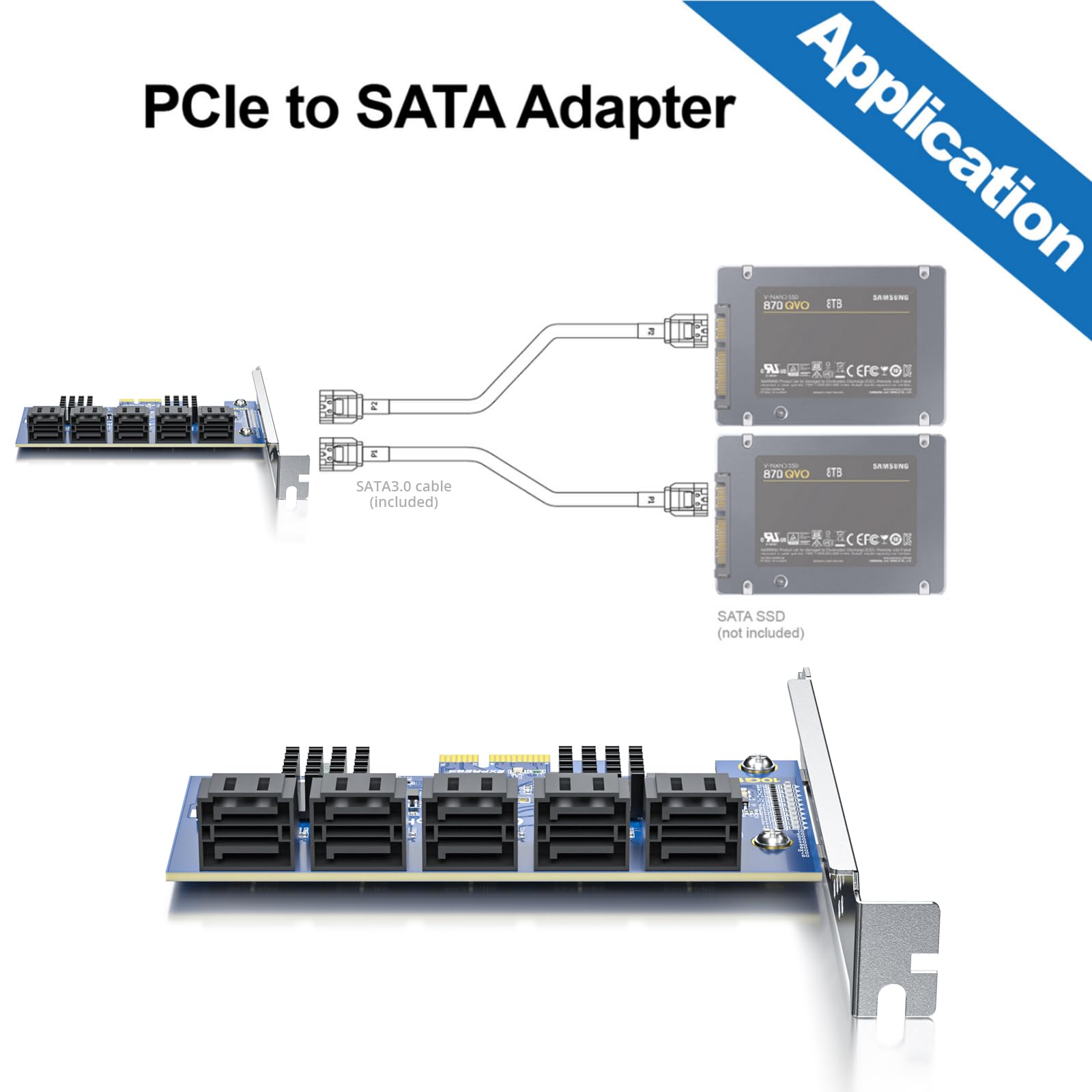 Carte contrôleur PCIe X1 vers SATA3.0, Carte d'extension SATA III 6Gbps 10 Ports, incluant 10pcs de câbles SATA, supporte SSD et HDD, pour Windows10/7/8/XP/Vista/linux, ne supporte Pas Raid matériel