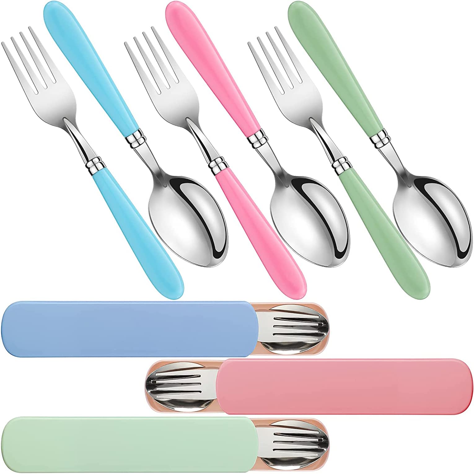 Kids Utensils Stainless Steel Fork and Spoon Set Child Stainless Steel Flatware Set with Silicone Round Handle Safe Cutlery Set with Travel Cases(3 Sets)