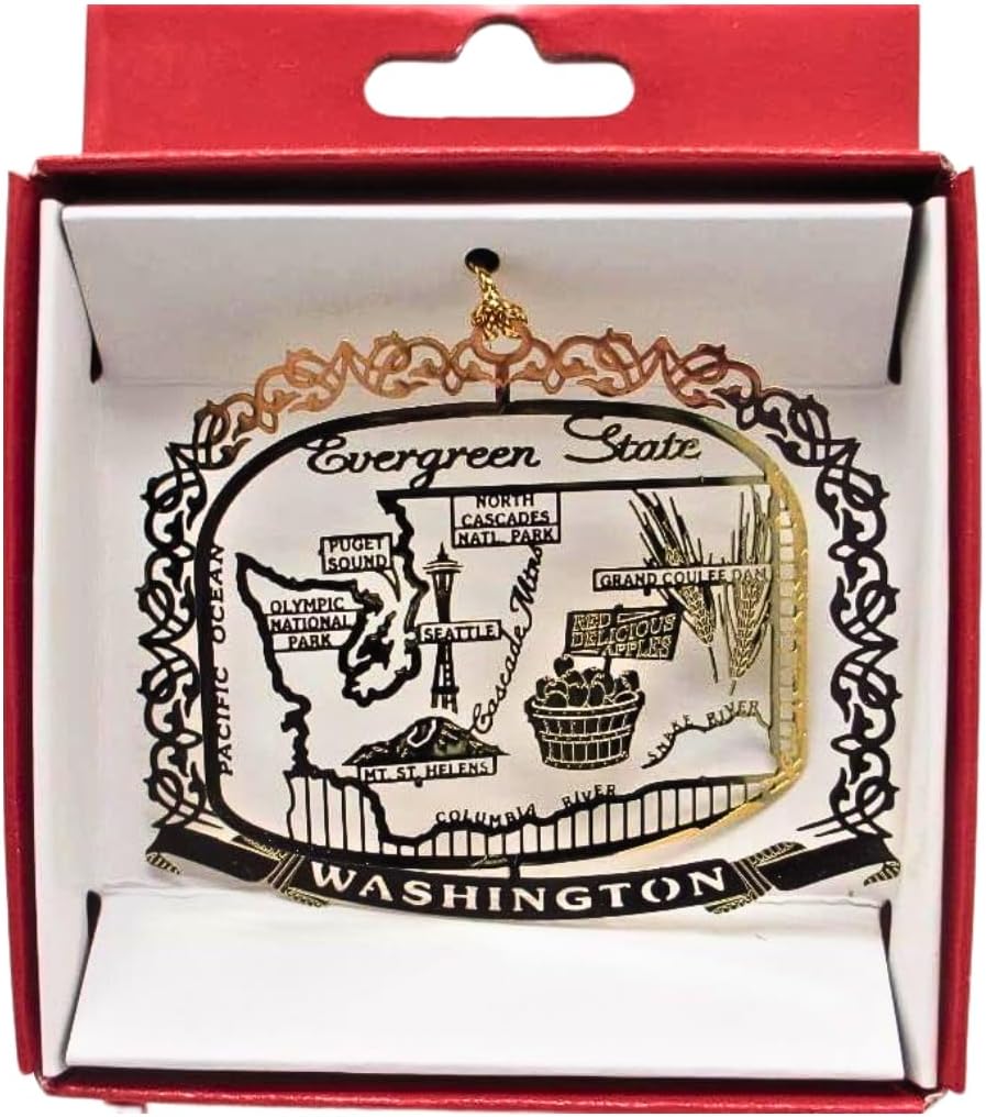 Nations Treasures Washington State Ornament - Gold, Classic, All Occasion Gift - Christmas, Mother's Day, Father's Day, Birthday, Homecoming