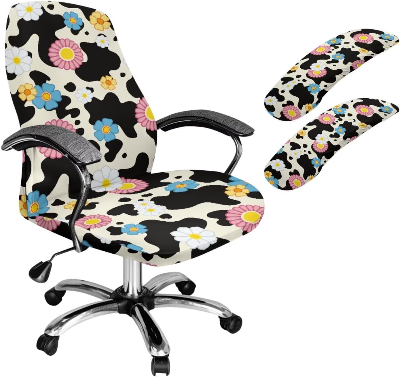 Office Chair Slipcover with 2 Pcs Armrest Cover Colorful Floral Cow Print Removable Swivel Boss Chair Cover Washable High Back Computer Armchair Protector, Small