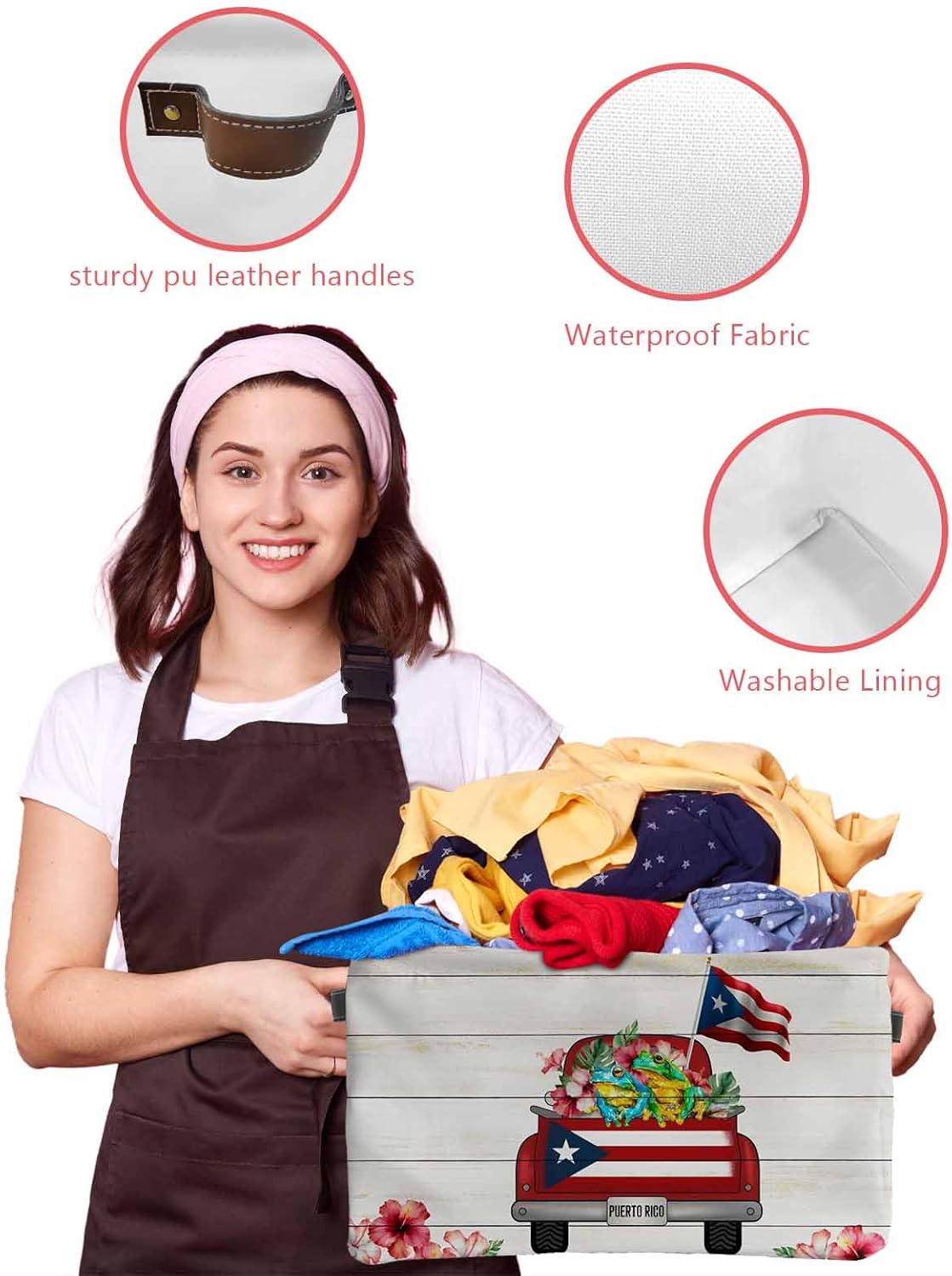 Puerto Rican Flag Storage Bins Cubes Waterproof Cloth Storage Basket, Vintage Country Truck Flowers Wooden Grain Foldable Storage Bags for Clothes Storage Organizers with Handles 15x11x9.5 in 1PCS