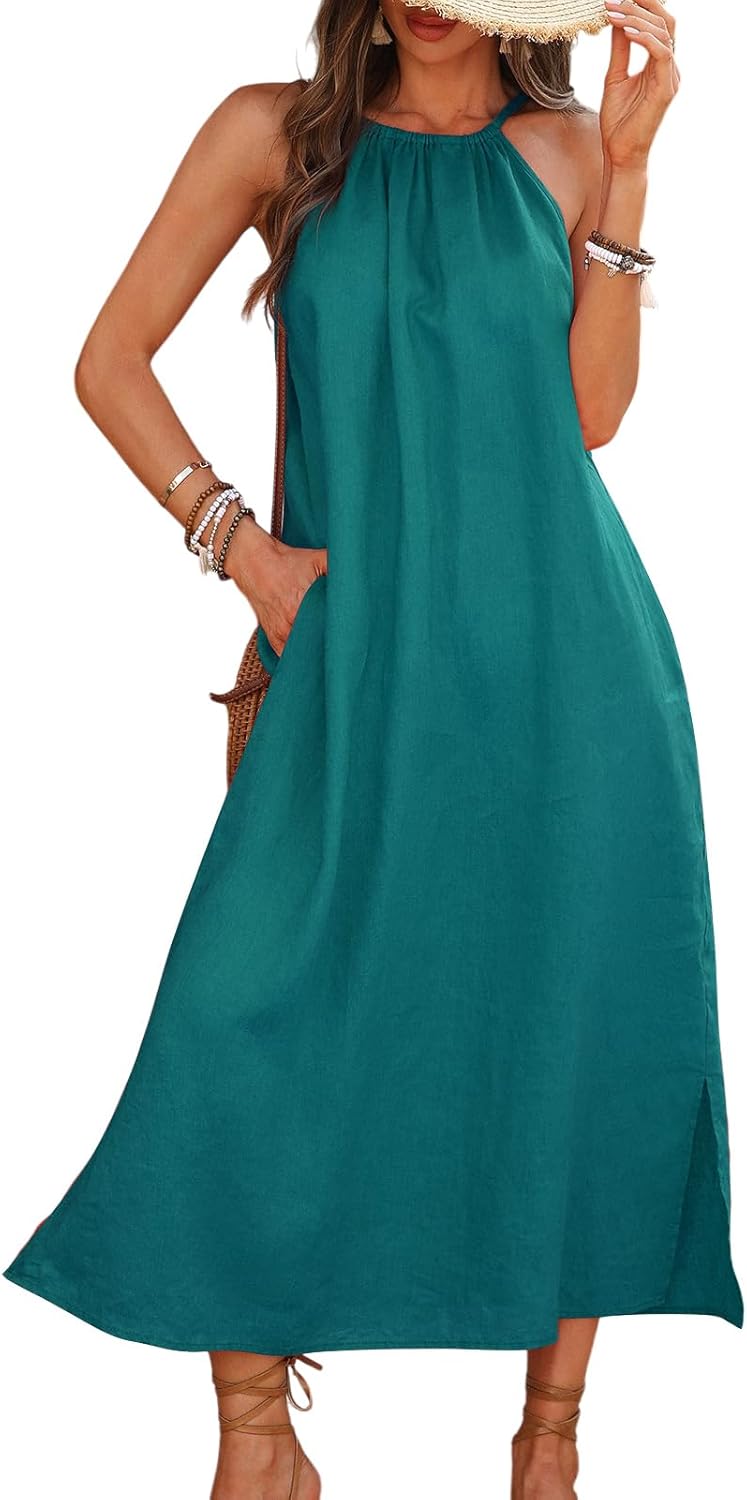 Summer Women's 100% Linen Midi Dress Casual Sleeveless Baggy Dresses with Slit