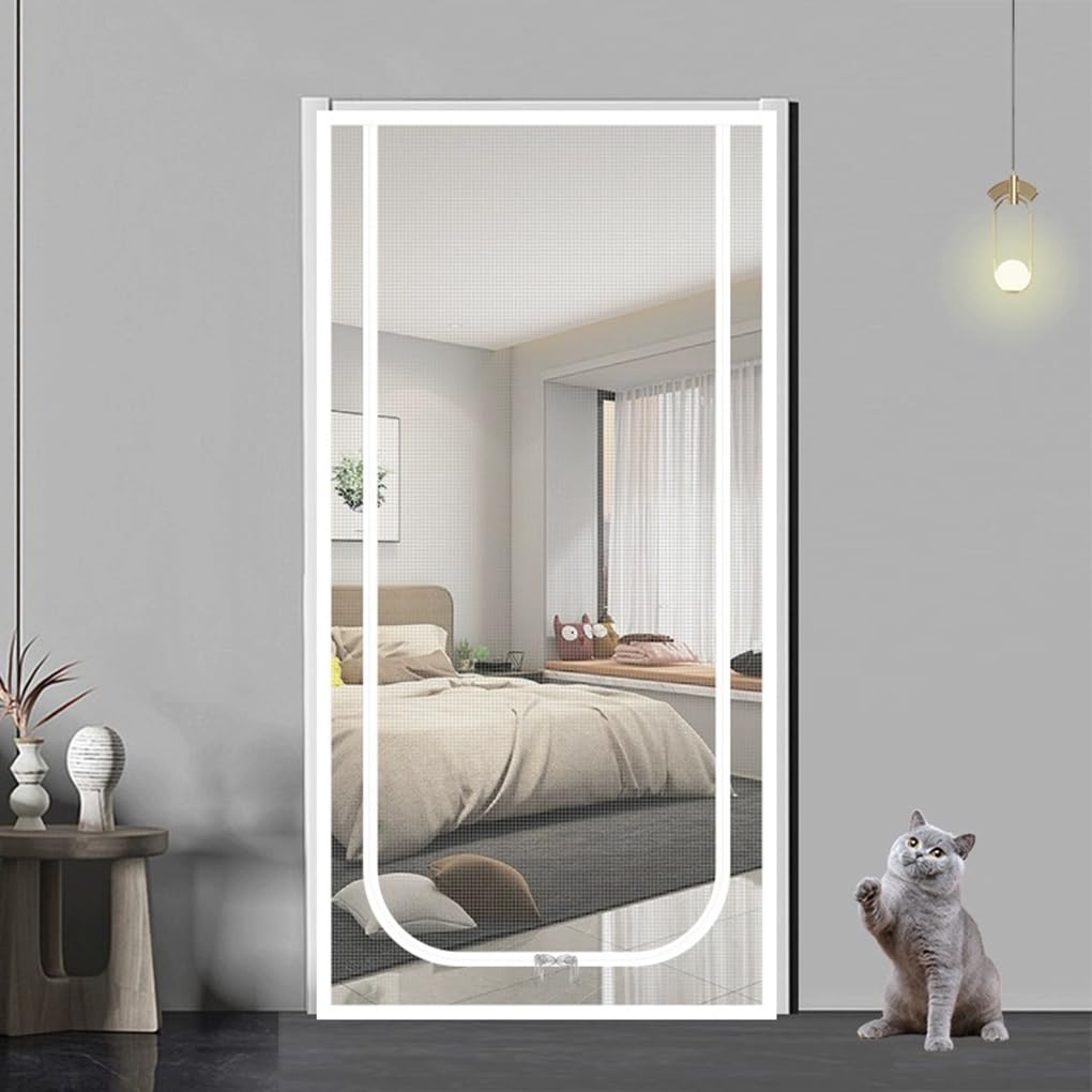 Cat Pets Protection Door Mesh,Tear-Proof Balcony Bedroom Net with Zipper, Anti-Mosquito Insect Netting,Self-Adhesive Fly Screen Net Guard (White-U,Custom Size)