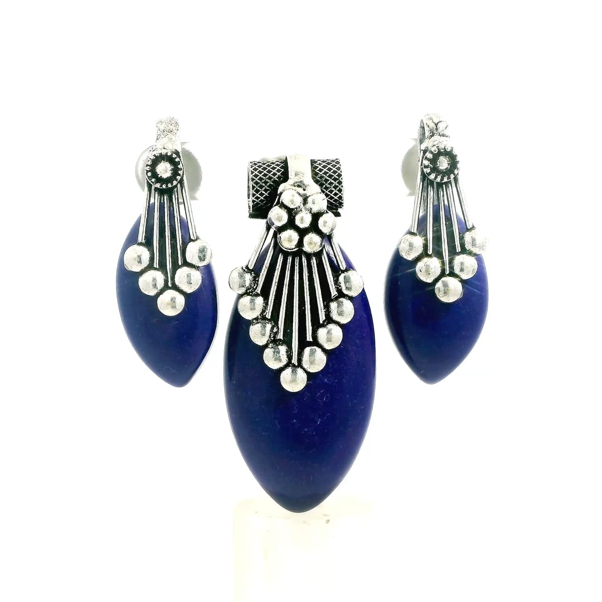 gehna Jaipur Lapis Lazuli Gemstone Pendant & Earring Set In Oxidised Silver Plating For Girls & Women GP-5298 (Blue)-picture-12