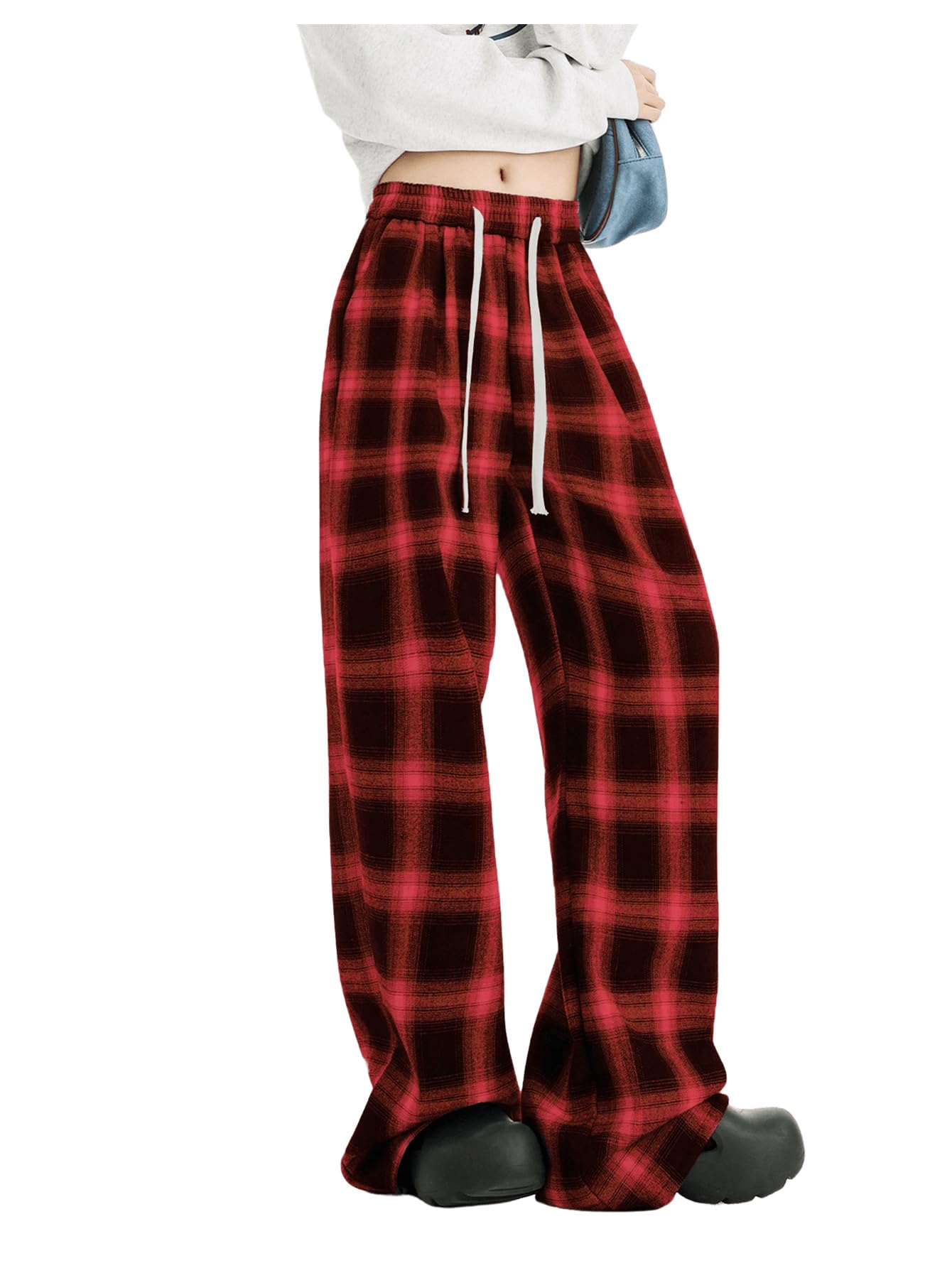 OYOANGLE Womens Plaid Print Pants Drawstring Elastic Waisted Wide Leg Casual Pants