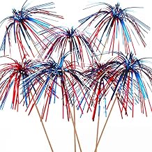 200 Pieces 4.7 Inch 4th of July Cupcake Toppers Firework Cocktail Picks Patriotic Foil Frill Toothpicks Independence Day Cupcake Toppers Foil Picks Food Decorative Toothpicks Cupcake Sticks for Topper