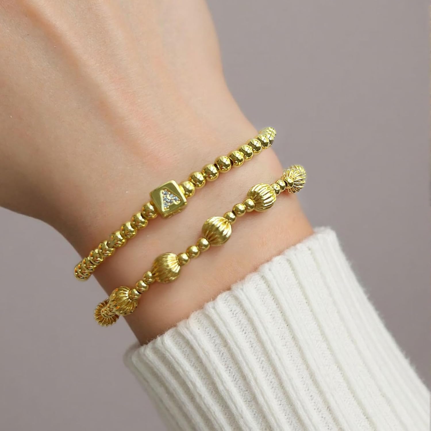 Gold Silver Bracelets for Women,Stackable Bead Ball Bracelets 14K Gold Plated Beaded Bracelet Adjustable Elastic Jewelry - Image 7