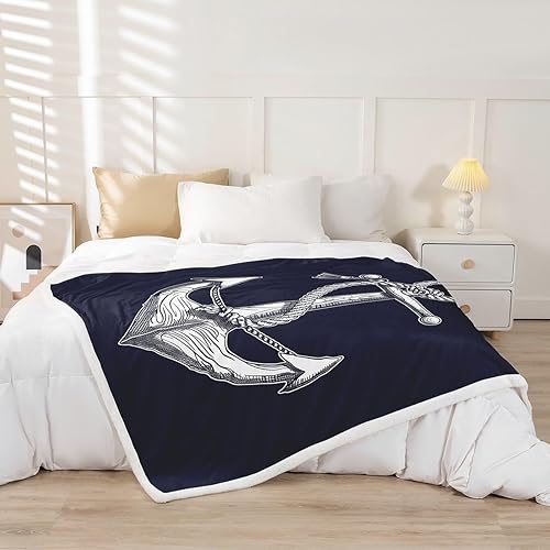 Miniatura 2 de Anchor Throw Flannel Blanket,Nautical Rope Anchor Navigation Fleece Throw Blanket for Home Decor Sofa Couch,Ocean Adventure Theme Navy Blue Fleece