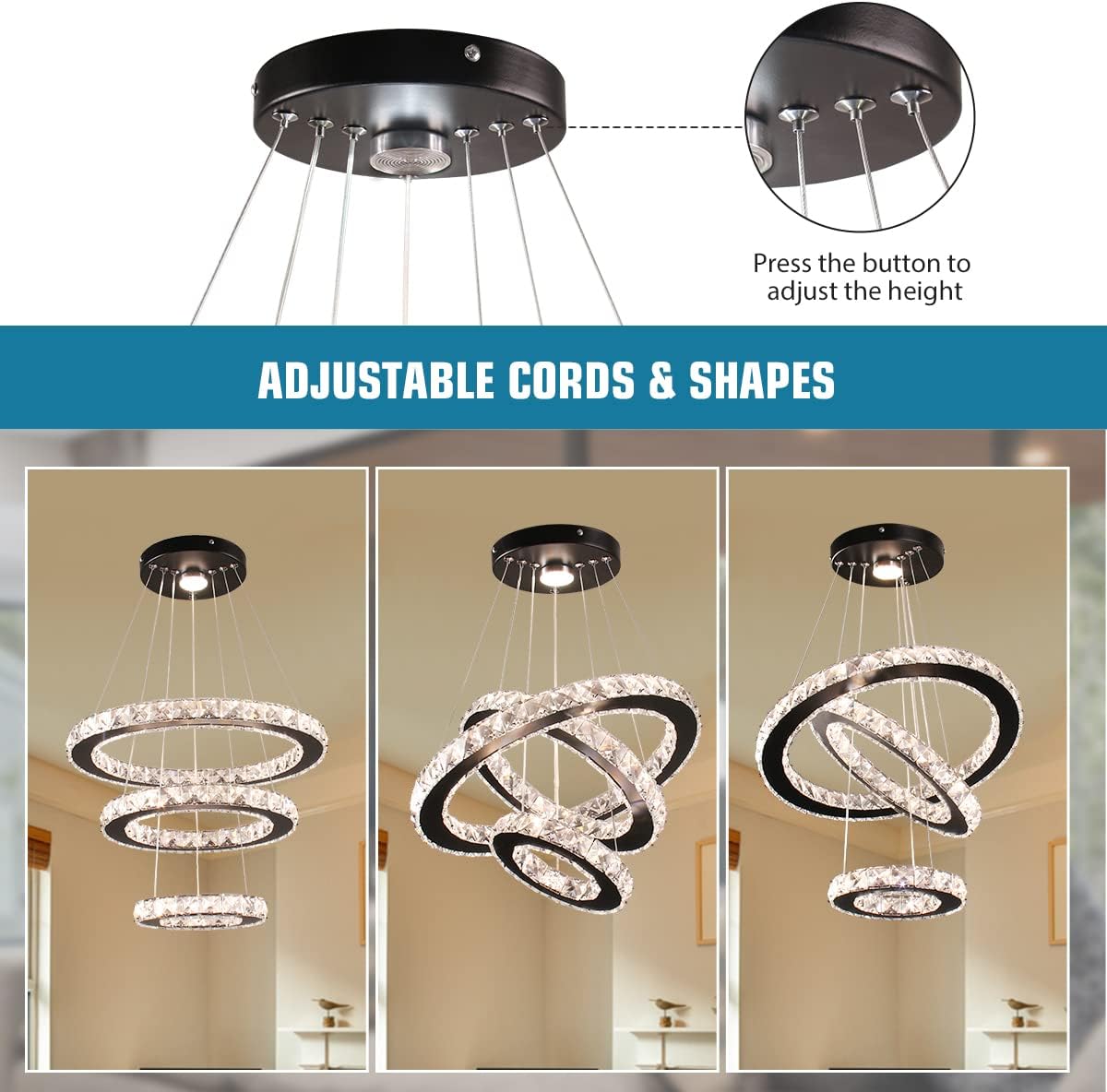 Dimmable Black Modern LED Crystal Chandeliers 3 Rings Pendant Light Adjustable Height Ceiling Lamp for Dinning Room Bedroom Living Room (Dimmable)