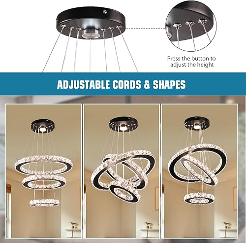 Miniatura 3 de diisunbihuo Lámparas LED de cristal regulables de color negro moderno con 3 anillos de luz colgante de altura ajustable para comedor, dormitorio,