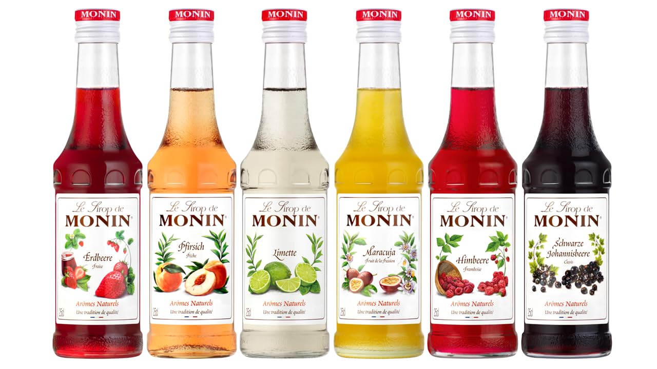 Monin Probierpaket Fruchtige Vielfalt Sirup Set (6 x 250 ml) – Maracuja, Limette, Schwarze Johannisbeere, Erdbeere, Himbeere & Pfirsich – Fruchtsirup für Cocktails, Limonade, Kaffee & Desserts