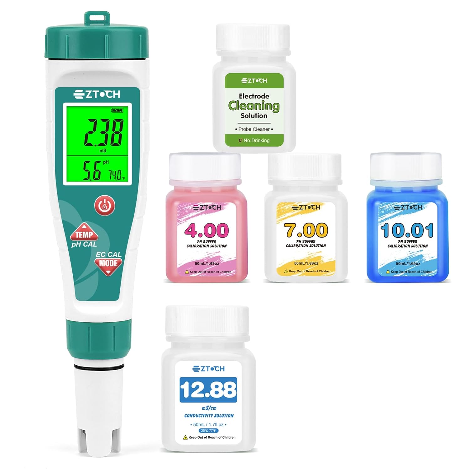 7 in 1 pH Hydrogen Salinity EC TDS ORP Temperature Meter with Extra pH4 7 10 Calibration Solution, Each Bottles 50ml, with pH Electrode Cleaning Solution