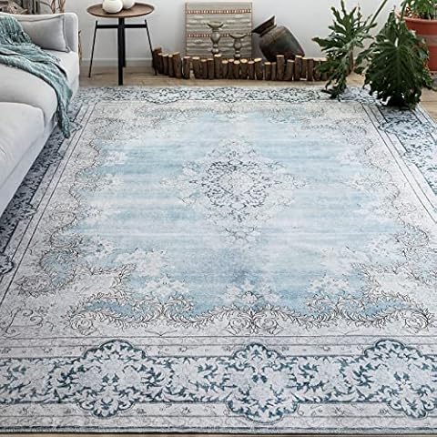 DECOMALL Maila Washable Area Rugs 8x10, Traditional Bohemian Rug , Vintage Distressed Non Slip Large Carpet for Living Room Bedroom, 8x10ft Blue Cover