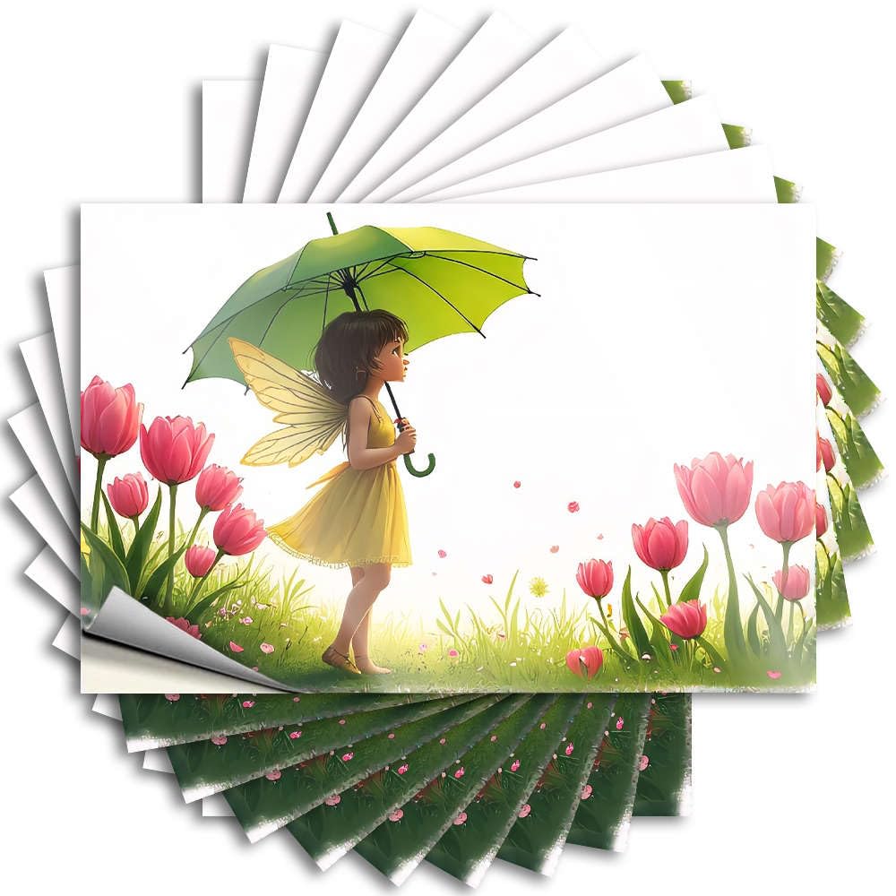 Fzfn Colour Western, Saying Helmet A Fairy With Yellow Wings Holds A Green Umbrella In A Field Of Pink Tulips. | Adults Guest(12X18cm)
