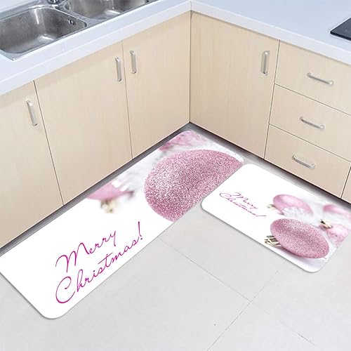 Miniatura 3 de Tapetes de cocina para piso, 2 piezas, bola decorativa brillante rosa de Feliz Navidad, antideslizantes, juego de alfombras de pasillo lavables,