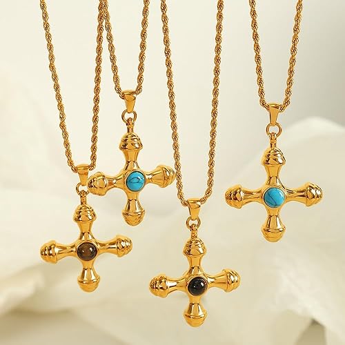 Vista 7 de Vintage-style versatile creative cross pendant necklace and earrings with tiger's eye stone for women