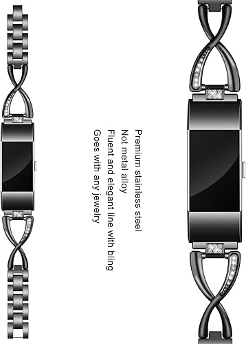 Miniatura 2 de Bandas compatibles con Fitbit Charge 2, bandas de metal con diamantes de imitación brillantes de repuesto para mujer, plata, oro rosa, negro