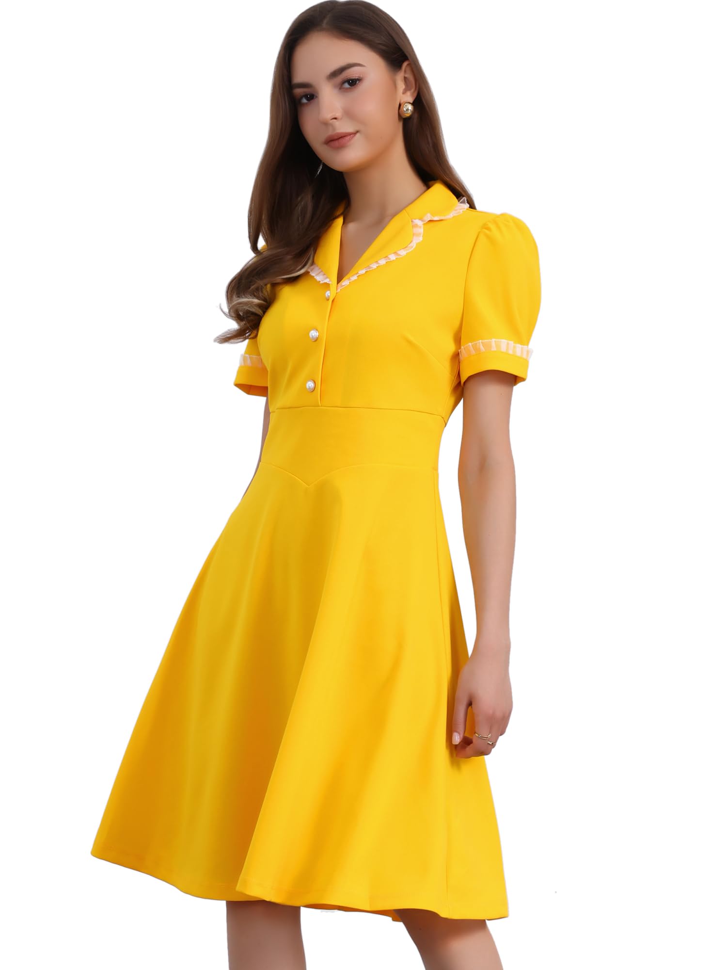 Allegra K Peter Pan Collar Dress for Womens Work Puff Sleeve Vintage Dresses