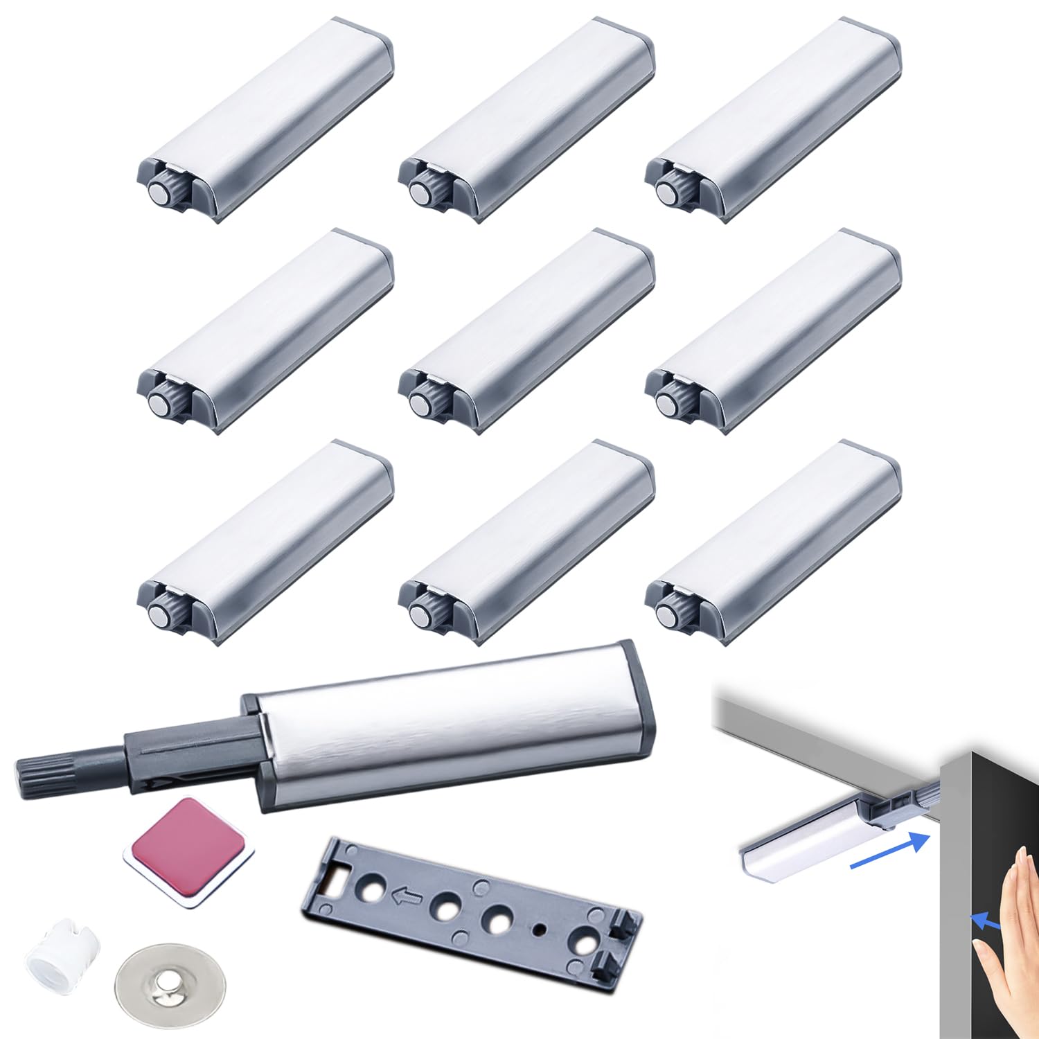 Push To Open Türöffner – 12 Stück Magnetschnäpper Mit Dämpfer, Aluminium, Silber, Für Möbel & Schränke, Ohne Bohren Montierbar Push To Open Türöffner – 12 Stück Magnetschnäpper Mit Dämpfer, Aluminium, Silber, Für Möbel & Schränke, Ohne Bohren Montierbar