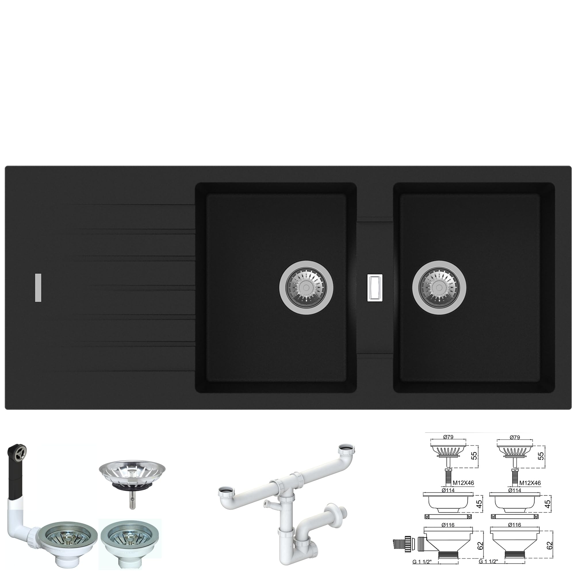 PTPL1162GB Lavello da Incasso, 116x50 cm, 2 Vasche con Gocciolatoio, Granito Nero, Serie Pietra Plus