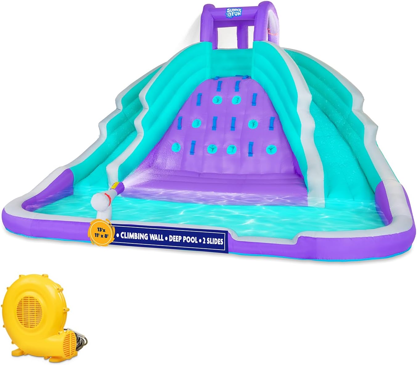 SUNNY & FUN Ultra Climber Inflatable Water Slide Park – Heavy-Duty for Outdoor Fun - Climbing Wall, Two Slides & Splash Pool – Easy to Set Up & Inflate with Included Air Pump & Carrying Case