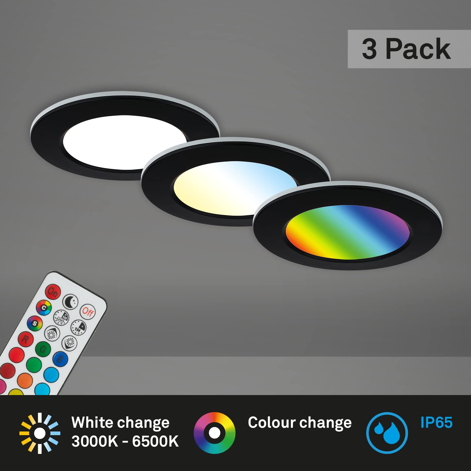 BRILONER - Set di 3 luci da incasso LED a soffitto, luci da incasso RGB CCT, faretto da incasso LED per bagno, faretto da incasso per bagno IP65, nero, 92x45 mm (DxH)