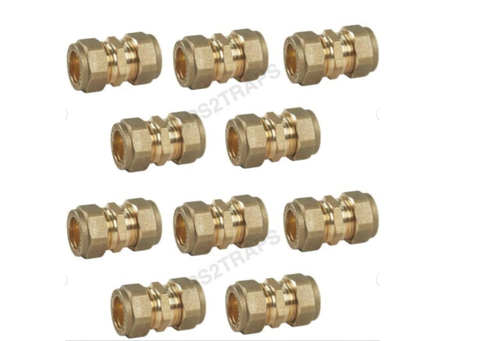 Taps2traps Copper Pack Of 10, 15Mm Brass Compression Couplers, Wras Approved Couplings