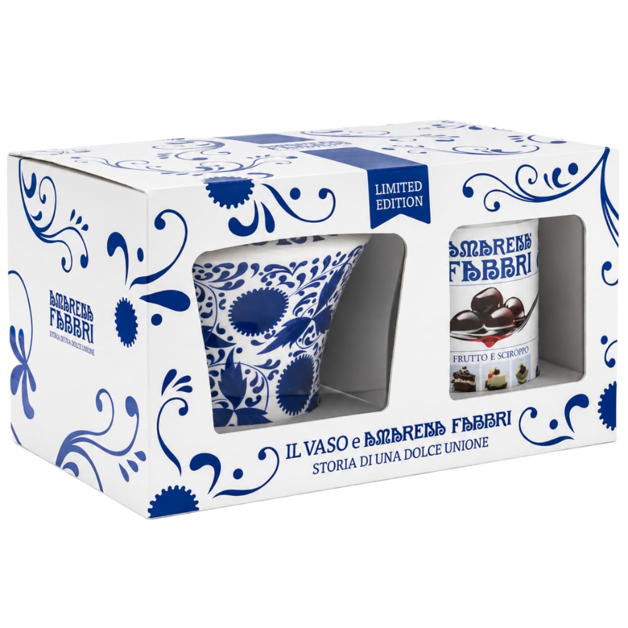 Amarena in Latta con Vaso in Ceramica Decorata – Amarene in Sciroppo, Confezione Regalo Elegante, Specialità Italiana per Dessert, Gelati, Torte, Cocktail e Pasticceria per fabbri 1,25Kg