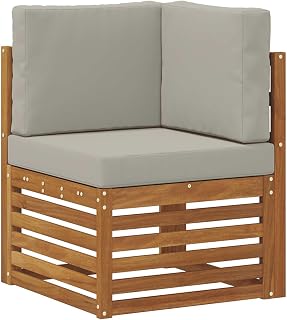 Outdoor Ecksofa aus Massivholz Akazie, Naturfarbenes Gartensofa mit hellgrauen Kissen, witterungsbeständige Lounge-Ecke für Terrasse und Garten, modulares Holzelement, 63x63x73 cm
