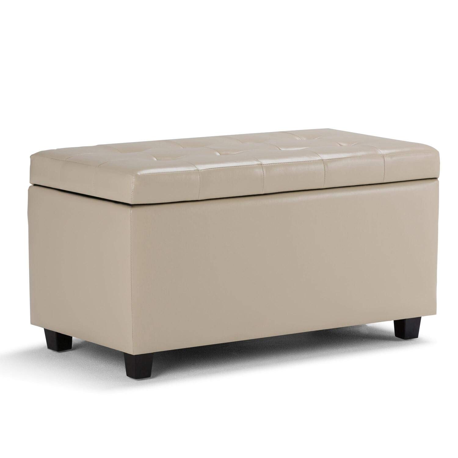 SIMPLIHOME Cosmopolitan 34 inch Wide Rectangle Lift Top Storage Ottoman in Upholstered Satin Upholstered Cream Tufted Faux Leather, Footrest Stool, Coffee Table, Living Room, Bedroom and Kids Room