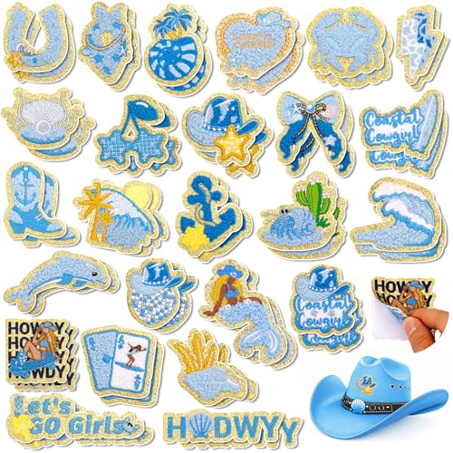 50 Pcs Coastal Cowgirl Patches for Girls Self Adhesive Patches Chenille Summer Ocean Patch Embroidered Sea Animals Beach Patch Stick on Cowgirl Stickers for Trucker Hats Bags Bachelorette Party