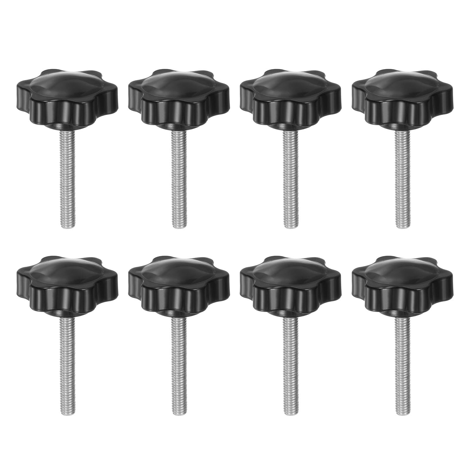 sourcing map 8pcs Star Knobs M6 x 45mm 304 Stainless Steel Threaded Stud 38mm Plastic 6-Star Head Hand Tightening Thumb Screw Clamping Jig Knob Handle, Black