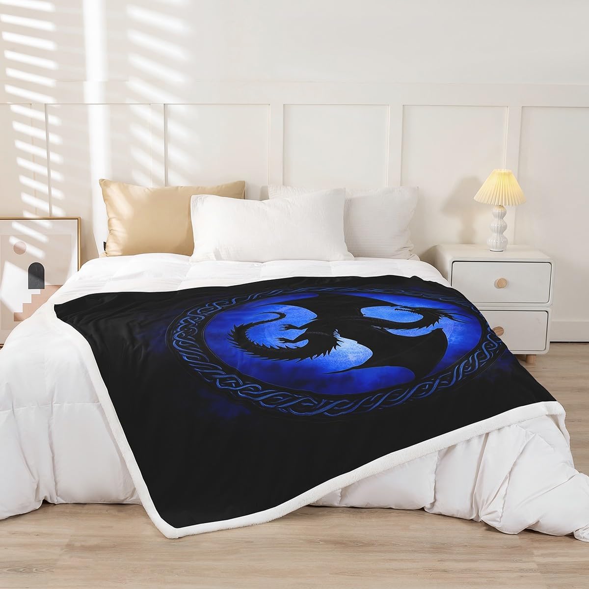 Castle Fairy Mysterious Wlidlife Animals Throw Blanket for Kids,Tribal Bohemian Rope Fleece Throw Blanket for Bedroom Sofa Dorm Decor,Dragon Silhouette Lightweight Bed Blanket,40 x 50 Inches image 2
