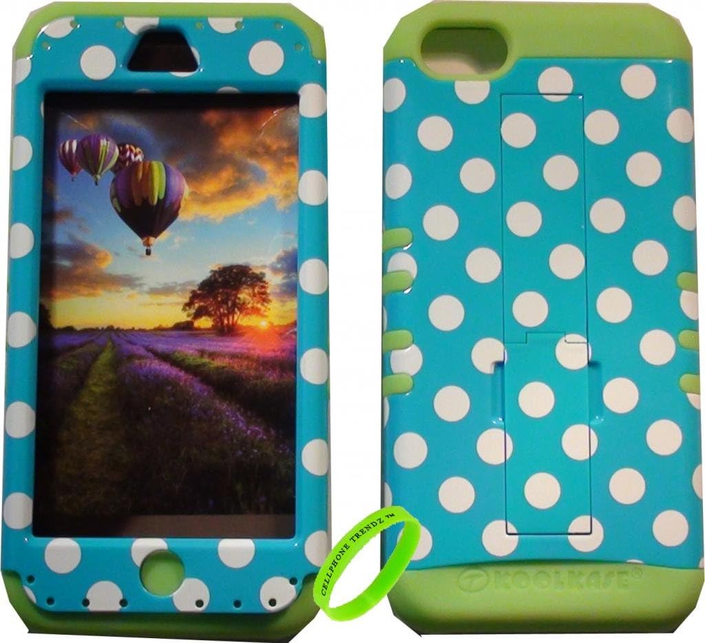 High Impact Hybrid Rocker Case Cover for Apple iPhone 5C - Lime Green Silicone with Hard Blue Polka Dots Design