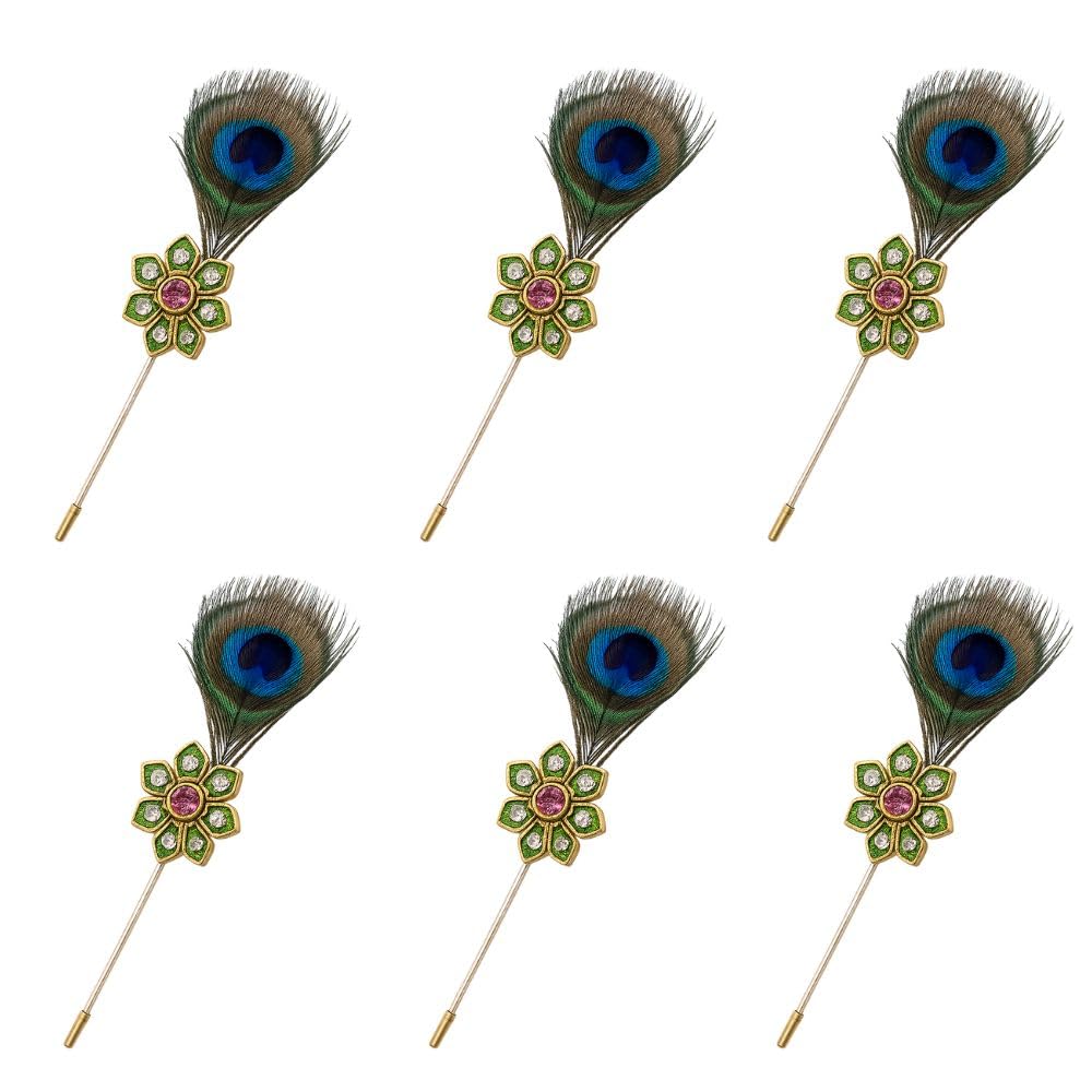 Men’s Peacock Feather Brooch Set of 6 | Premium Ethnic Lapel Pin Stick Brooch for Sherwani, Suit & Blazer | Wedding Groom & Groomsmen Accessories Combo Pack-image-26