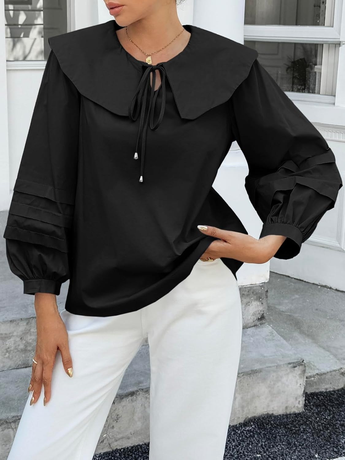 Cicy Bell Womens Peter Pan Collar Shirts Long Puff Sleeve Cotton Blouses Trendy Casual Loose Fit Tops - Image 4