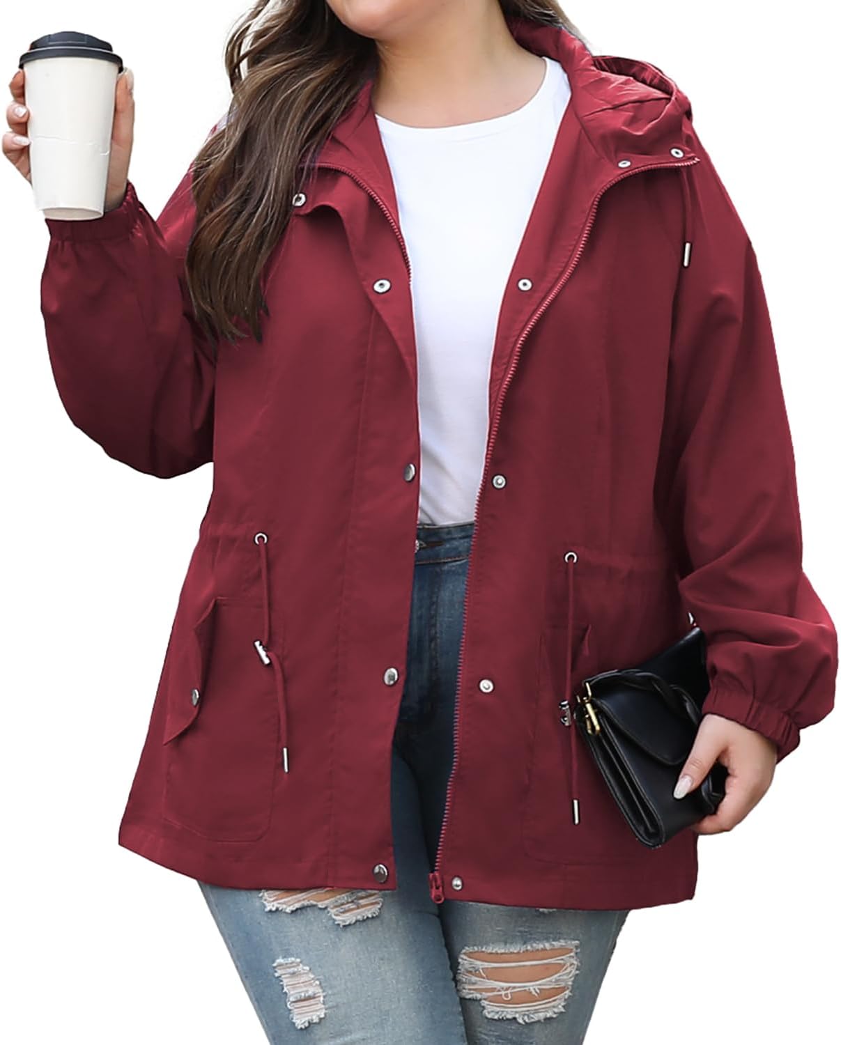Bloggerlove XL-5XL Women Plus Size Rain Jacket Lightweight Raincoat with Hood Waterproof Outdoor Windbreaker