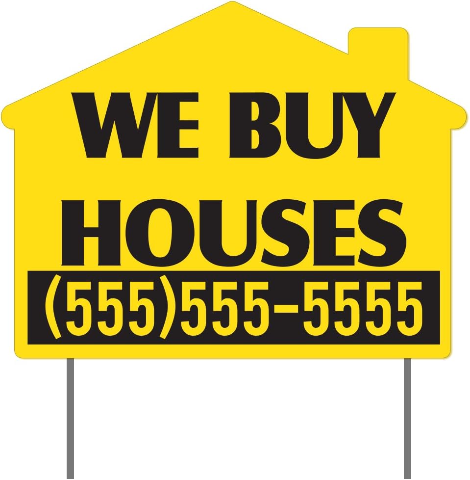 VictoryStore Custom We Buy Houses Yard Sign, 17x22 Inches Yellow Corrugated Plastic House Shaped Set of 100 Signs with Stakes