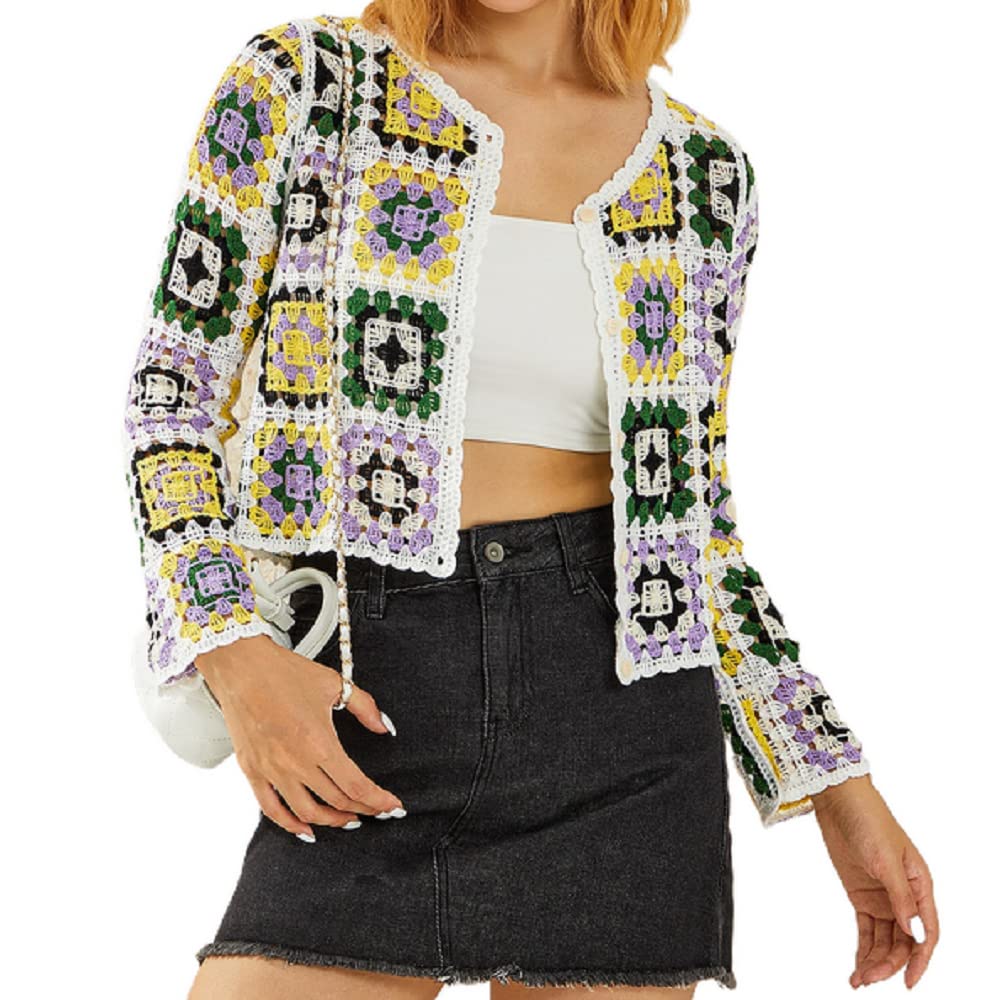 Womens Vintage Crochet Granny Square Cardigan Jumper Long Sleeve Button Down Floral Knitted Sweater Knitwear Cardigan